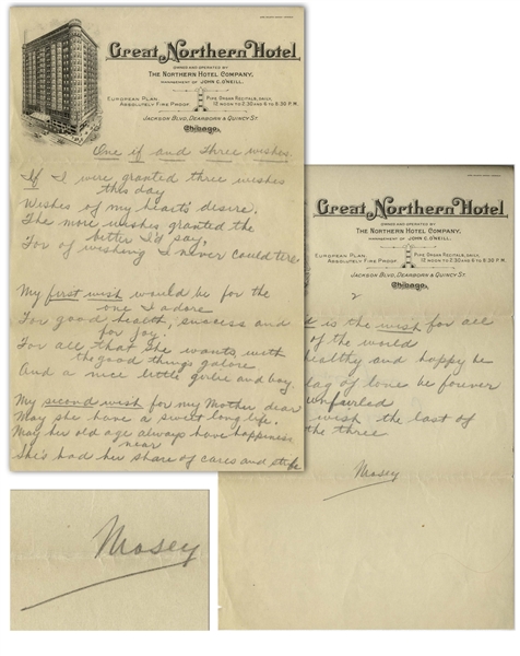 Moe Howard Handwritten Poem to His Wife From the 1930s, Signed ''Mosey'' on Chicago Hotel Stationery -- 2pp. Letter in Pencil on 2 Separate 6'' x 9.5'' Sheets -- Near Fine
